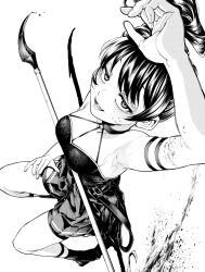 Rule 34 | 1girl, arm strap, arm up, armpits, bare shoulders, belt, between breasts, blood, blood on arm, blood on face, blood splatter, breasts, choker, dress, dutch angle, gloves, greyscale, halterneck, highres, knees up, looking at viewer, lying, mage staff, monochrome, morimoto atsushi, no eyewear, o-ring, on back, open mouth, pleated dress, polearm, shadow, side ponytail, simple background, single glove, sleeveless, sleeveless dress, smile, socks, solo, sousou no frieren, thigh strap, ubel (sousou no frieren), weapon