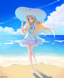 1girl barefoot blonde_hair blunt_bangs braid cloud contrail creatures_(company) day dress game_freak green_eyes hand_on_headwear hat highres lillie_(pokemon) long_hair looking_at_viewer mongguri nintendo ocean open_mouth pokemon pokemon_sm see-through_clothes shore sun_hat sundress twin_braids white_dress