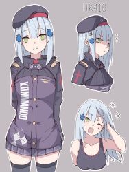Rule 34 | ..., 1girl, anger vein, angry, arms behind back, bad id, bad twitter id, bare shoulders, beret, black legwear, breasts, brown background, character name, collarbone, commentary, cowboy shot, girls&#039; frontline, gloves, green eyes, hair ornament, hand in own hair, hat, hk416 (girls&#039; frontline), jacket, long hair, long sleeves, looking at viewer, medium breasts, multiple views, one eye closed, open mouth, pleated skirt, raised eyebrows, scratching head, silver hair, simple background, skirt, squeans, standing, unimon e, unworn gloves, unworn hat, unworn headwear, unworn jacket, yawning