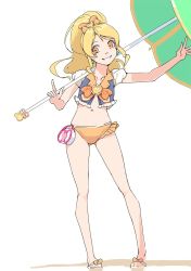 Rule 34 | 1girl, akinbo (hyouka fuyou), bikini, bikini bottom only, blonde hair, bow, brooch, collarbone, cure honey, earrings, full body, grin, hair bow, happinesscharge precure!, head tilt, heart, heart brooch, high ponytail, highres, holding, jewelry, long hair, looking at viewer, midriff, navel, orange bikini, orange bow, parasol, precure, short sleeves, simple background, smile, solo, standing, star (symbol), star earrings, stomach, swimsuit, umbrella, white background, yellow eyes