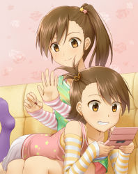 Rule 34 | 2girls, bare shoulders, brown eyes, brown hair, couch, detached sleeves, futami ami, futami mami, grin, handheld game console, idolmaster, idolmaster (classic), komore, multiple girls, nintendo 3ds, short hair, siblings, side ponytail, sisters, sitting, skirt, smile, star (symbol), striped, twins, yellow upholstery