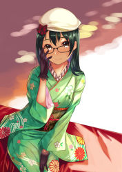 Rule 34 | 1girl, beret, black-framed eyewear, bow, brown eyes, brown gloves, closed mouth, floral print, glasses, gloves, green hair, green kimono, green theme, hair bow, hat, highres, japanese clothes, kagematsuri, kimono, long sleeves, looking at viewer, obi, original, red bow, sash, sitting, smile, solo, white hat, wide sleeves