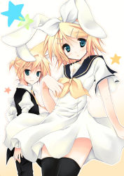 Rule 34 | 1boy, 1girl, animal ears, bad id, bad pixiv id, blonde hair, blush, brother and sister, rabbit ears, kagamine len, kagamine rin, purinpurin, siblings, smile, thighhighs, vocaloid
