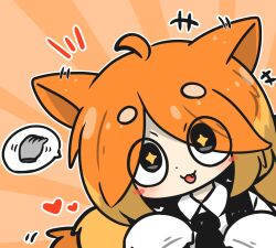 Rule 34 | +++, + +, 1girl, animal ears, black necktie, collared shirt, commentary request, dog ears, dog girl, dog tail, ear wiggle, grey eyes, heart, highres, long sleeves, low twintails, motion lines, necktie, notice lines, orange hair, original, parted bangs, shirt, short eyebrows, short twintails, sleeves past fingers, sleeves past wrists, solo, sunburst, sunburst background, tail, thick eyebrows, twintails, uni souchou, upper body, white shirt
