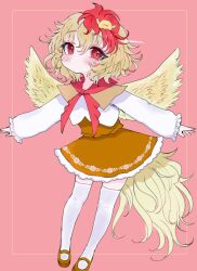 Rule 34 | 1girl, animal, animal on head, bird, bird on head, bird tail, bird wings, blonde hair, blush, chick, closed mouth, dress, feathered wings, hair between eyes, highres, long sleeves, multicolored hair, niwatari kutaka, on head, orange dress, orange footwear, outstretched arms, pink background, red eyes, red hair, renakobonb, shirt, shoes, short hair, solo, spread arms, tail, thighhighs, touhou, twitter username, two-tone hair, white shirt, white thighhighs, wings, yellow wings