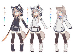 Rule 34 | 1girl, animal ears, bad id, bad pixiv id, black thighhighs, blue eyes, boots, detached sleeves, hair ornament, hairclip, hood, hood down, hood up, hoodie, light brown hair, long hair, long sleeves, multiple views, no pants, original, parted lips, reitou mikan, simple background, sword, tail, thighhighs, weapon, white background