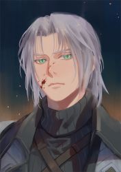 Rule 34 | 1boy, aged down, armor, blood, blood on face, chest strap, expressionless, final fantasy, final fantasy vii, final fantasy vii ever crisis, final fantasy vii remake, green eyes, grey hair, highres, ho fan, looking at viewer, male focus, medium hair, parted bangs, portrait, sephiroth, shoulder armor, solo, square enix, turtleneck, upper body