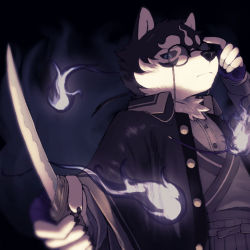 Rule 34 | 1boy, animal ears, animal nose, black background, black fire, black fur, black hair, black sclera, blue eyes, chest tuft, closed mouth, colored sclera, dog boy, dog ears, eyewear strap, fire, furry, furry male, glasses, gomibako xxxx, hakama, holding, holding sword, holding weapon, japanese clothes, jitome, looking at viewer, male focus, masanori (housamo), ponytail, snout, solo, sword, thick eyebrows, tokyo houkago summoners, two-tone fur, upper body, weapon, white fur