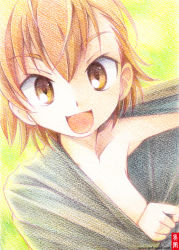 Rule 34 | 1girl, :d, brown eyes, brown hair, gofu, last order (toaru majutsu no index), open mouth, short hair, smile, solo, toaru majutsu no index, traditional media