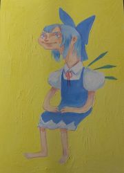 Rule 34 | 1girl, acrylic paint (medium), anatomical nonsense, bad anatomy, barefoot, blue bow, blue dress, blue eyes, blue hair, blue wings, bow, cirno, closed mouth, collared shirt, commentary, dress, english commentary, fairy wings, full body, hair bow, hands on lap, highres, invisible chair, long neck, neck ribbon, painting (medium), photo (medium), pinafore dress, puffy short sleeves, puffy sleeves, red ribbon, ribbon, shirt, short hair, short sleeves, sidelocks, sitting, skullchimes, sleeveless dress, smile, solo, touhou, traditional media, white shirt, wings, yellow background