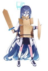 1girl absurdly_long_hair absurdres aris_(blue_archive) black_hair black_hairband black_skirt blue_archive blue_eyes blue_halo cardboard_armor chcc331899 frown full_body hair_between_eyes hairband halo highres holding holding_shield holding_weapon jacket long_hair long_hair_between_eyes long_sleeves looking_at_viewer open_clothes open_jacket pleated_skirt rectangular_halo shield simple_background skirt standing sword v-shaped_eyebrows very_long_hair weapon white_background white_jacket wooden_shield wooden_sword