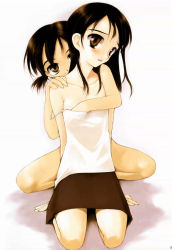 Rule 34 | 2girls, blush, breasts, brown eyes, brown hair, camisole, female focus, grabbing, grabbing another&#039;s breast, grabbing from behind, hand on shoulder, hand under clothes, hand under shirt, ishikei, kneeling, multiple girls, nude, original, shirt, simple background, skirt, source request, spread legs, white background, yuri