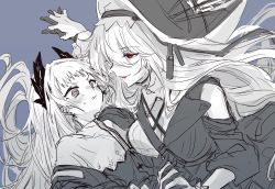 Rule 34 | 2girls, an fyhx, arknights, bare shoulders, capelet, clothing cutout, commentary request, dress, grey background, grey eyes, head wings, highres, irene (arknights), limited palette, long hair, long sleeves, looking at another, multiple girls, parted lips, red eyes, shoulder cutout, simple background, smile, specter (arknights), specter the unchained (arknights), very long hair, wings, yuri