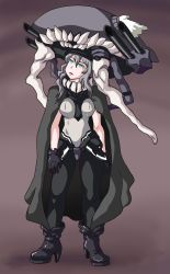 Rule 34 | 10s, 1girl, absurdres, abyssal ship, black legwear, blue eyes, bodysuit, commentary, commission, full body, grey hair, highres, iandimas, kantai collection, looking up, monster, short hair, skin tight, standing, teeth, tentacles, wo-class aircraft carrier
