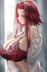 Rule 34 | 1girl, absurdres, bare shoulders, black hairband, blush, bra, closed mouth, commentary request, commission, floral print, from side, hairband, hands up, highres, izayoi aki, long hair, long sleeves, off shoulder, red bra, red hair, shirt, sidelocks, skeb commission, solo, torishu (kumataka 4867), underwear, upper body, white shirt, yellow eyes, yu-gi-oh!, yu-gi-oh! 5d&#039;s