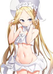Rule 34 | 1girl, abigail williams (fate), abigail williams (swimsuit foreigner) (fate), abigail williams (swimsuit foreigner) (third ascension) (fate), absurdres, bare shoulders, bikini, blonde hair, blue eyes, blush, bonnet, bow, braid, braided hair rings, breasts, fate/grand order, fate (series), forehead, hair bow, hair rings, highres, kuse (0201), long hair, looking at viewer, miniskirt, navel, parted bangs, sidelocks, simple background, skirt, small breasts, smile, swimsuit, thighs, twin braids, twintails, very long hair, white background, white bikini, white bow, white headwear