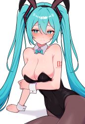 Rule 34 | 1girl, absurdres, animal ear hairband, animal ears, aqua bow, aqua bowtie, aqua eyes, aqua hair, arm support, arm under breasts, bare shoulders, black leotard, black pantyhose, blush, bow, bowtie, breasts, cleavage, closed mouth, commentary request, detached collar, embarrassed, fake animal ears, hair ornament, hatsune miku, highres, kumada gaon, large breasts, leotard, long hair, looking at viewer, pantyhose, playboy bunny, rabbit ear hairband, rabbit ears, simple background, sitting, solo, strapless, strapless leotard, twintails, very long hair, vocaloid, white background, white wrist cuffs, wrist cuffs, yokozuwari
