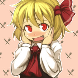 Rule 34 | 1girl, bad id, bad pixiv id, blonde hair, blush, fang, female focus, fork, hands on own cheeks, hands on own face, knife, looking at viewer, mizuno (okn66), okn66, rumia, sepia background, short hair, smile, solo, touhou, upper body