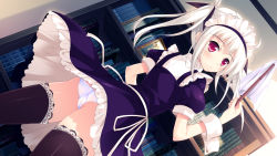 Rule 34 | 1girl, ass, ayame (harukaze sensation!), black thighhighs, blush, book, bookshelf, duster, dutch angle, expressionless, game cg, harukaze sensation!, highres, holding, indoors, ko~cha, lace, lace-trimmed legwear, lace trim, long hair, looking at viewer, looking back, maid, maid headdress, official art, panties, puffy short sleeves, puffy sleeves, red eyes, short sleeves, skirt, solo, thighhighs, twintails, twisted neck, underwear, upskirt, white hair, white panties, wrist cuffs