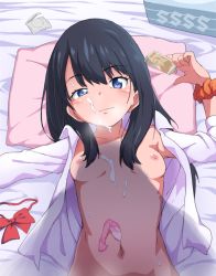 Rule 34 | 1girl, aftersex, black hair, blue eyes, blush, unworn bow, breasts, bubukka, condom, condom wrapper, cum, cum on body, cum on breasts, cum on upper body, facial, gridman universe, long hair, looking at viewer, lying, md5 mismatch, money, navel, nipples, on back, open clothes, open shirt, pillow, prostitution, resolution mismatch, scrunchie, shadow, shirt, small breasts, smile, solo, source smaller, ssss.gridman, takarada rikka, tissue box, used condom, white shirt, wrist scrunchie