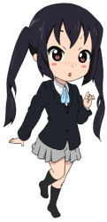 Rule 34 | 1girl, 32r, bad id, bad pixiv id, black eyes, black hair, black socks, blush, brown eyes, chibi, collared shirt, full body, grey skirt, hand up, k-on!, kneehighs, long hair, long sleeves, looking at viewer, miniskirt, nakano azusa, no shoes, open mouth, school uniform, shirt, simple background, skirt, socks, solo, standing, standing on one leg, twintails, walking, white background, white shirt