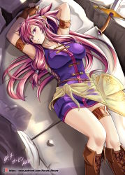 Rule 34 | 1girl, absurdres, armband, armpits, arms up, artist name, boots, breasts, brown footwear, brown gloves, collarbone, cross-laced footwear, dress, fingerless gloves, fire emblem, fire emblem: the sacred stones, gloves, highres, large breasts, leather, leather gloves, long hair, looking at viewer, lying, marisa (fire emblem), nintendo, on back, parted lips, patreon username, ponytail, purple eyes, purple hair, rock, sash, short dress, sidelocks, signature, smile, solo, sword, thigh strap, thighs, vilde loh hocen, watermark, weapon, web address