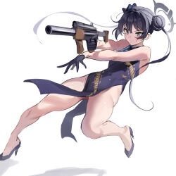 Rule 34 | 1girl, black dress, black footwear, black hair, blue archive, butterfly hair ornament, commentary, double bun, dragon print, dress, grey eyes, grey halo, gun, hair bun, hair ornament, halo, holding, holding gun, holding weapon, kisaki (blue archive), legs, long hair, pelvic curtain, print dress, shoes, simple background, sleeveless, sleeveless dress, solo, stone (ksorede), twintails, weapon, white background
