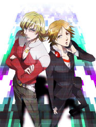 Rule 34 | 10s, 2boys, atlus, bad id, bad pixiv id, barnaby brooks jr., belt, blonde hair, brown eyes, brown hair, crossed arms, crossover, etoile0, glasses, green eyes, hanamura yousuke, headphones, houndstooth, jacket, jewelry, male focus, multiple boys, necklace, persona, persona 4, perspective, red jacket, school uniform, voice actor connection, short hair, studded belt, tiger &amp; bunny, yuri lowenthal