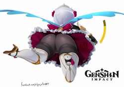 Rule 34 | 1girl, aircraft, armor, armored boots, ass, back bow, black pantyhose, boots, bow, dress, el quijote, flower, flying, from behind, gameplay mechanics, gauntlets, genshin impact, glider, greaves, headdress, high heels, highres, maid, maid headdress, noelle (genshin impact), pantyhose, rose, rose (flower), shiny clothes, short hair, silver hair, simple background, skirt, solo, thigh boots, thighband pantyhose, thighhighs, upskirt, white background, white headwear, wings