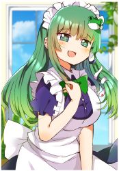 Rule 34 | + +, 1girl, :d, alternate costume, apron, aqua eyes, blue dress, blush, bow, bowtie, breasts, buttons, cowboy shot, dress, enmaided, frilled apron, frills, frog hair ornament, green bow, green bowtie, green hair, hair ornament, hair tubes, hand up, highres, holding, holding hair, indoors, kochiya sanae, large breasts, long hair, looking at viewer, maid, maid apron, maid headdress, open mouth, puffy short sleeves, puffy sleeves, short sleeves, sidelocks, smile, snake hair ornament, solo, touhou, white apron, window, zerokosan