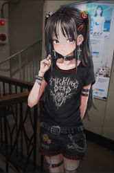 Rule 34 | 1girl, absurdres, arm behind back, bad id, bad twitter id, belt, belt collar, black belt, black shirt, black shorts, blush, bracelet, brown hair, chain, closed mouth, clothes writing, collar, cowboy shot, cross, cross earrings, dot nose, earrings, fingernails, gishiki (gshk), goth fashion, gothic fashion, hair ornament, hairclip, hand up, highres, indoors, jewelry, latin cross, long hair, looking at viewer, nail polish, o-ring, original, poster (object), purple eyes, railing, red nails, ring, shirt, short shorts, short sleeves, shorts, smiley face, solo, studded belt, studded bracelet, thigh strap, twintails
