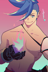 Rule 34 | 1boy, asymmetrical hair, blue eyes, blue hair, chromatic aberration, detached sleeves, fire, galo thymos, gloves, gradient background, green background, green fire, highres, jonya, male focus, pectorals, promare, purple background, purple fire, pyrokinesis, sidecut, single detached sleeve, smile, solo, spiked hair, topless male, translated, undercut