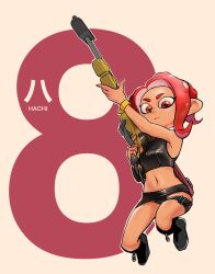 Rule 34 | 1girl, agent 8 (splatoon), apple toki, asymmetrical sleeves, beige background, black footwear, black panties, black skirt, boots, character name, closed mouth, commentary, crop top, dark-skinned female, dark skin, e-liter 4k (splatoon), frown, highres, holding, holding weapon, jumping, legs up, looking at viewer, medium hair, microskirt, midriff, navel, nintendo, octoling, octoling girl, octoling player character, panties, pencil skirt, pointy ears, red eyes, red hair, simple background, skirt, solo, splatoon (series), splatoon 2, splatoon 2: octo expansion, squidbeak splatoon, suction cups, symbol-only commentary, thigh strap, underwear, uneven sleeves, weapon, zipper