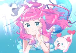 Rule 34 | 1girl, blue eyes, closed mouth, commentary request, fins, hair ornament, head fins, highres, jewelry, kururun (precure), laura la mer, long hair, looking at viewer, mermaid, midriff, monster girl, pink hair, precure, sawch cls, smile, tropical-rouge! precure