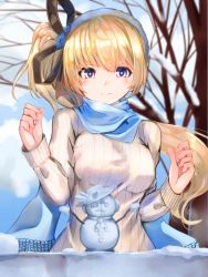 Rule 34 | 1girl, bare tree, black ribbon, blonde hair, blue scarf, blurry, blurry background, blush, breasts, closed mouth, commentary request, depth of field, excella (delltothu), hair between eyes, hair ribbon, highres, long hair, long sleeves, looking at viewer, medium breasts, purple eyes, ribbed sweater, ribbon, scarf, shironeko project, smile, snow, snowman, solo, sophie (shironeko project), sweater, tree, very long hair, white sweater