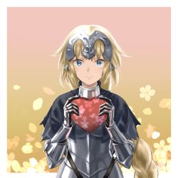 Rule 34 | 1girl, armor, armored dress, blonde hair, blue eyes, border, braid, cowboy shot, fate/apocrypha, fate/grand order, fate (series), gauntlets, gradient background, headpiece, jeanne d&#039;arc (fate), jeanne d&#039;arc (ruler) (fate), long hair, looking at viewer, outside border, rasupekuto, single braid, smile, solo, valentine, white border