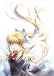 Rule 34 | 1girl, air (visual novel), black dress, blonde hair, closed eyes, commentary request, cross print, dress, eyelashes, falling feathers, feathers, floating clothes, floating hair, hair ribbon, hands up, kamio misuzu, long hair, necktie, open mouth, puffy short sleeves, puffy sleeves, ribbon, school uniform, short necktie, short sleeves, sidelocks, simple background, smile, solo, very long hair, white background, white ribbon, zen (kamuro)