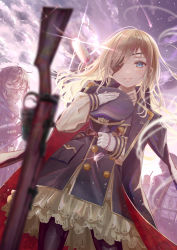 Rule 34 | 1boy, 1girl, absurdres, black coat, black pantyhose, blonde hair, blue eyes, blurry, blurry foreground, bolt action, brown hair, buttons, cloud, cloudy sky, coat, collared shirt, dutch angle, eyepatch, frilled skirt, frills, gloves, glowing, glowing hair, gold trim, grey sky, gun, hat, highres, ito lab, lee-enfield, light, light blush, long hair, long sleeves, looking at viewer, military, military uniform, open clothes, open coat, original, pantyhose, parted lips, people, reflection, rifle, shirt, shooting star, short hair, skirt, sky, smile, standing, swept bangs, uniform, weapon, white gloves, yellow shirt, yellow skirt