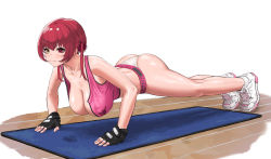 Rule 34 | 1girl, alternate costume, ass, breasts, cleavage, collarbone, crop top, exercising, fingerless gloves, gloves, hanging breasts, harebunny, heterochromia, highres, hololive, houshou marine, large breasts, photo-referenced, push-ups, red eyes, red hair, shoes, sneakers, solo, sweat, twintails, virtual youtuber, yellow eyes