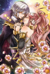 Rule 34 | 1boy, 1girl, blush, cape, collar, couple, detached sleeves, dress, closed eyes, fire emblem, fire emblem awakening, flower, holding hands, henry (fire emblem), hetero, jewelry, kuniomi, lips, long hair, lots of jewelry, nintendo, olivia (fire emblem), open mouth, pink hair, ponytail, short hair, silver hair, smile, sparkle, strapless, strapless dress