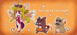 Rule 34 | 1girl, ahoge, animal ears, blush stickers, ear tag, food, gloves, green hair, heart, heart (mad rat dead), heart tail, ice cream, ice cream cone, leotard, mad rat, mad rat dead, mob rat (mad rat dead), mouse (animal), mouse ears, mouse girl, mouse tail, nippon ichi, rat god, red eyes, sunglasses on head, tail, tie clip, wings, wrist cuffs