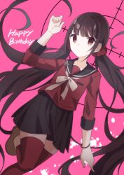 Rule 34 | 1girl, absurdres, black sailor collar, bow, bowtie, brown footwear, brown hair, commentary request, danganronpa (series), danganronpa v3: killing harmony, earrings, hana no yo, hand up, happy birthday, harukawa maki, highres, jewelry, knee up, long hair, long sleeves, miniskirt, mole, mole under eye, pink background, pleated skirt, red scrunchie, red shirt, red thighhighs, sailor collar, scrunchie, shirt, skirt, solo, thighhighs