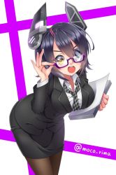 Rule 34 | 10s, 1girl, adjusting eyewear, bent over, black pantyhose, black skirt, blush, breasts, eyepatch, female focus, fingernails, formal, glasses, headgear, jpeg artifacts, kantai collection, large breasts, moco rima, necktie, office lady, open mouth, pantyhose, pencil skirt, purple hair, short hair, skirt, skirt suit, solo, suit, tenryuu (kancolle), thighhighs, twitter username, yellow eyes