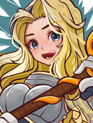 Rule 34 | 1girl, :d, absurdres, blonde hair, blue eyes, chest armor, demacia (league of legends), gloves, highres, holding, holding wand, kawaguti kappa, league of legends, looking at viewer, lux (league of legends), open mouth, parted bangs, smile, solo, teeth, upper body, wand, white gloves