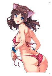 Rule 34 | 1girl, absurdres, animal ears, ass, bare shoulders, bikini, blue eyes, bracer, breasts, brown hair, butt crack, cat ears, covered erect nipples, cowboy shot, dimples of venus, extra ears, from behind, front-tie bikini top, front-tie top, highres, inu777, legs together, long hair, looking at viewer, looking back, medium breasts, open mouth, original, shoulder blades, side-tie bikini bottom, sideboob, smile, solo, striped bikini, striped clothes, swimsuit, tiger ears, toranoana, underboob, untied bikini