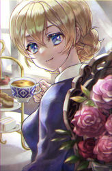 Rule 34 | 1girl, absurdres, backlighting, blonde hair, blue eyes, blue sweater, blurry, blurry foreground, braid, closed mouth, commentary, cup, darjeeling (girls und panzer), dessert, dress shirt, flower, food, from behind, fruit, girls und panzer, highres, holding, holding cup, indoors, long sleeves, looking at viewer, looking back, mahos san, pink flower, pink rose, rose, school uniform, shirt, short hair, smile, solo, st. gloriana&#039;s school uniform, strawberry, sweater, table, tea, teacup, tiered tray, twin braids, white shirt, window, wooden chair