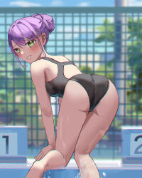 Rule 34 | 1girl, all fours, black one-piece swimsuit, breasts, competition swimsuit, fence, gin e12, green eyes, hair bun, highres, hololive, long hair, looking back, medium breasts, one-piece swimsuit, parted lips, purple hair, smile, solo, starting block, swimsuit, tokoyami towa, virtual youtuber
