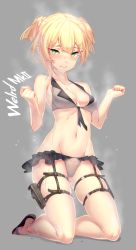 Rule 34 | 1girl, adapted costume, asymmetrical hair, bikini, bikini skirt, blonde hair, blush, character name, closed mouth, dev (dev0614), front-tie bikini top, front-tie top, full body, girls&#039; frontline, grey background, grey bikini, hands up, highres, kneeling, looking at viewer, short twintails, simple background, solo, sweat, swimsuit, thigh strap, thighs, twintails, welrod mkii (girls&#039; frontline)