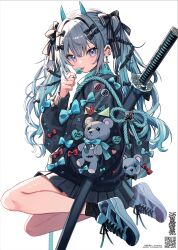 Rule 34 | 1girl, black bow, black jacket, black skirt, blue bow, blue eyes, blue hair, blue horns, bow, buttons, candy, cross, cross earrings, earrings, edajima denki, food, gradient hair, hair bow, highres, holding, holding candy, holding food, holding lollipop, horns, jacket, jewelry, katana, lollipop, looking at viewer, multicolored hair, multiple hair bows, original, pleated skirt, shoes, simple background, skirt, sneakers, solo, stuffed animal, stuffed toy, sword, teddy bear, twintails, weapon, white background