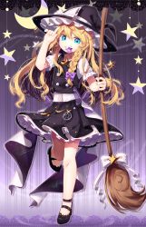 Rule 34 | 1girl, absurdres, black footwear, black skirt, blonde hair, blue eyes, bow, braid, broom, clip studio paint (medium), commentary request, crescent, crescent pin, full body, gold nails, gunjou row, hair bow, hat, highres, kirisame marisa, long hair, mouth hold, nail polish, skirt, solo, standing, standing on one leg, star (symbol), starry background, touhou, witch hat